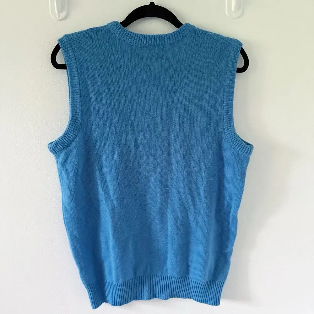 Vtg 70s 80s Preppy Grandpa Cable Knit Sweater Vest Mens Large Blue Acrylic Boho